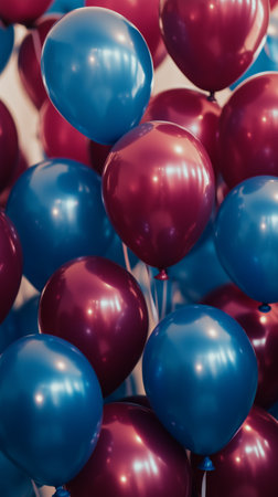 Bright blue and maroon balloons create a lively and cheerful scene, perfect for a party or special event. The playful arrangement adds energy and excitement to the setting. Details matter.の素材