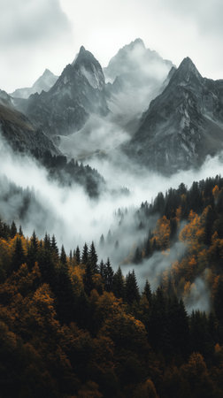 A stunning mountain rises above a lush valley filled with trees in autumn hues. Clouds weave through the landscape, creating a tranquil and mystical scene. Details matter.の素材