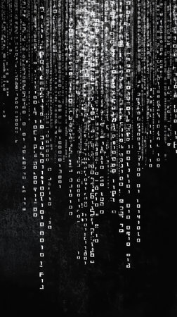 Binary code streams down in a digital rain effect against a dark backdrop, creating a high-tech and futuristic ambiance. The scene evokes themes of technology and data.の素材
