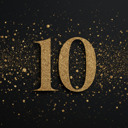 The number ten is displayed in gold against a black backdrop, surrounded by shimmering dust particles that create a festive atmosphere, ideal for celebrations or milestones. Details matter.の素材