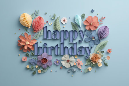 A cheerful birthday greeting showcases happy birthday amidst colorful paper flowers and leaves on a soft blue background, creating a festive vibe.の素材