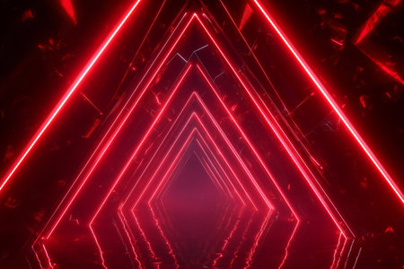 Vibrant neon triangles glow in shades of pink and purple, creating a stunning pattern in a dark setting. The energetic design draws the eye and adds excitement to the space. Details matter.の素材