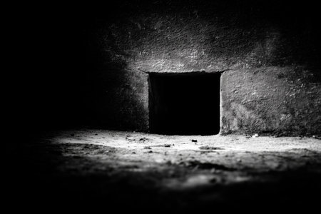 A narrow beam of light shines from an open door, illuminating the dark hallway. The contrast highlights the textures on the walls and floor, creating a moody atmosphere. Details matter.の素材
