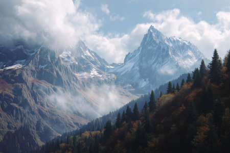 Snow-capped mountains tower majestically over a dense forest. Soft clouds hover in the sky, creating a tranquil atmosphere in the autumn light of morning. Details matter.の素材