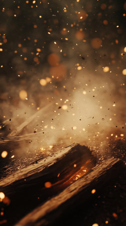 Soft orange and gold sparks rise from burning wood, creating a warm glow in the darkness. Smoke swirls around, adding a mystical atmosphere to the nighttime scene outdoors.の素材