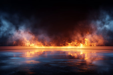 Flames and smoke fill the air above a reflective ice rink, creating a dramatic scene at night. The setting offers a striking visual contrast in a sporting venue.の素材