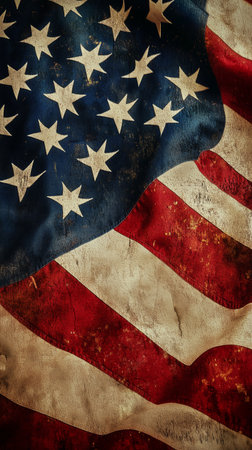 The design features a weathered American flag with bold red and white stripes and a blue field covered in stars. This symbolizes national pride and heritage.の素材