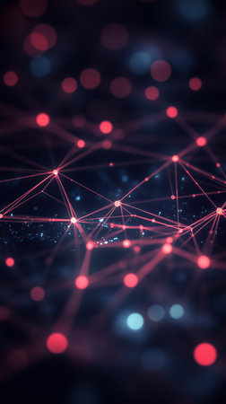 Bright dots and lines create a dynamic network in a dark space setting, resembling a cosmic connection. Distant lights twinkle amidst a colorful background, evoking mystery.の素材