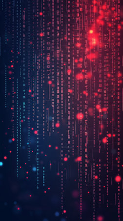 Bright red and blue lights illuminate a pattern of binary code on a dark background, creating a vibrant digital atmosphere perfect for technology themes. Details matter.の素材