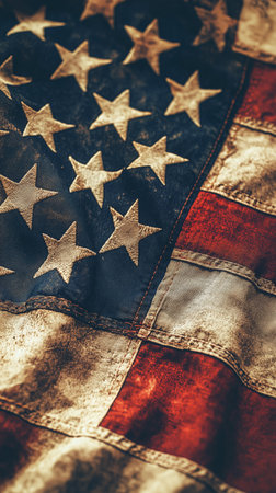 A close-up view reveals a worn American flag with faded colors, showing signs of age and weathering, highlighting its rich history and significance to the nation. Details matter.の素材