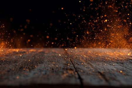 Sparks and small particles of light burst upward from a weathered wooden table, creating a dynamic display against a dark background, evoking a sense of magic and warmth. Details matter.の素材