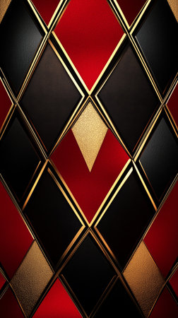 Colorful geometric shapes in red, black, and gold form an eye-catching decorative pattern on a textured background. This design adds a stylish touch to any space.の素材