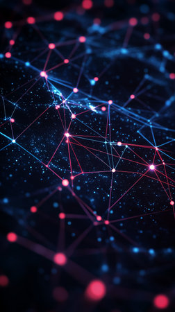 Colorful glowing lines and nodes create a complex network against a dark background. This abstract design showcases vibrant reds and blues, suggesting connectivity and technology. Details matter.の素材