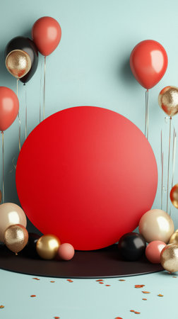Bright and cheerful scene features a large red circular display surrounded by balloons and decorative spheres in various colors, perfect for a festive celebration setting.の素材