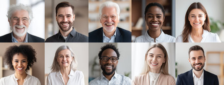 A collection of smiling individuals of various ages and backgrounds stands in a well-lit space. Their expressions show happiness and friendliness.. Details matter.の素材