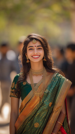 A woman dressed in a colorful traditional outfit beams with joy during a cultural festival. The sunlight creates a warm atmosphere as people chat in the background.の素材