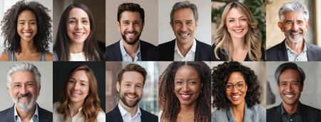 A collection of smiling individuals of various ages and backgrounds stands in a well-lit space. Their expressions show happiness and friendliness.の素材