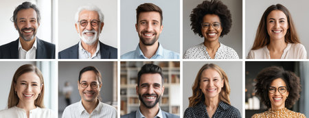 In a bright office space, a diverse group of ten individuals is smiling and posing for a friendly portrait. The atmosphere is warm and inviting, showcasing different backgrounds.の素材