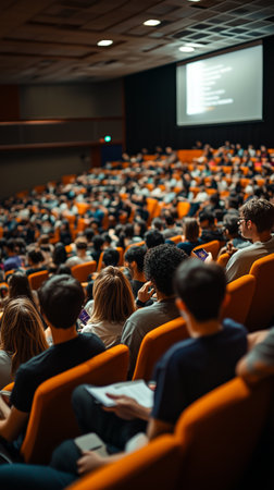 People sit in bright orange seats in a large auditorium, focused on a presentation about the latest trends in technology. The room is filled with engaged listeners.の素材