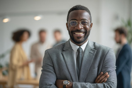 A man with glasses stands proudly in a contemporary office setting. He smiles while colleagues discuss ideas in the background, showcasing a collaborative work environment.. Details matter.の素材