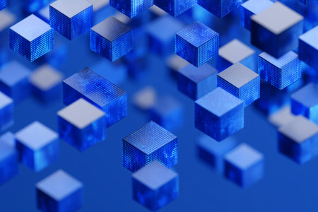 Blue cubes of varying sizes float in a digital space, forming an abstract scene that represents technology and innovation. The visual evokes a sense of depth and movement.の素材