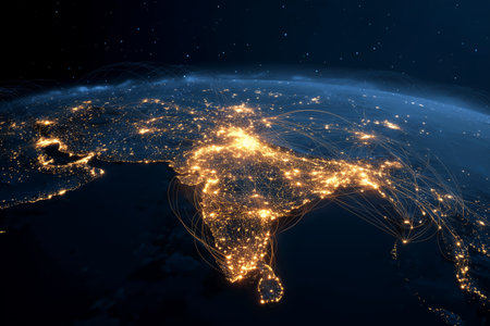 Bright lights outline Indias cities and roads at night, revealing the extensive urban development and dense population.. Details matter.の素材