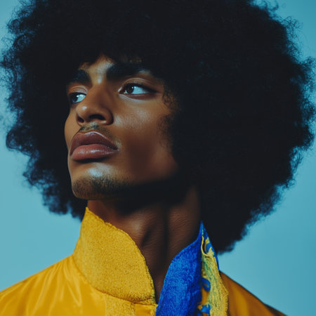 A young man with curly hair poses elegantly in a colorful jacket, gazing thoughtfully to his right against a soft blue background. His expression shows confidence and style.の素材