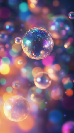 Vibrant soap bubbles are floating through a background filled with colorful lights. The scene captures the beauty and joy of bubbles as they shimmer and reflect different hues.. Details matter.の素材