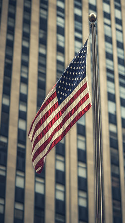 A vibrant American flag flies high on a pole, fluttering in the breeze against the backdrop of a tall building during the day, showing a mix of patriotism and urban architecture.の素材