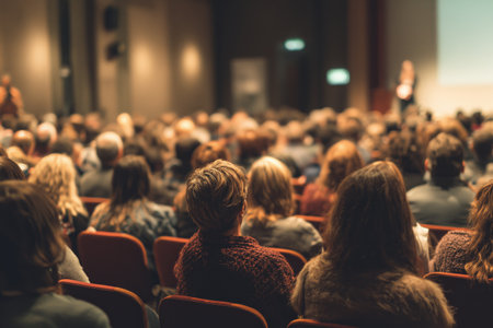 People sit attentively in a conference hall as a speaker presents on stage. Warm lighting creates a cozy atmosphere, fostering interest and connection among attendees.. Details matter.の素材