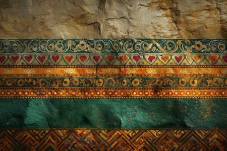 Elaborate textile design shows rich colors and intricate patterns on a weathered surface, reflecting artistic traditions. This captivating artwork reveals cultural heritage in detail.の素材