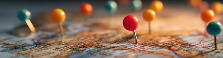 Colorful pins mark various locations on an old map, capturing the warmth of the golden hour light. The scene invites exploration and adventure.の素材