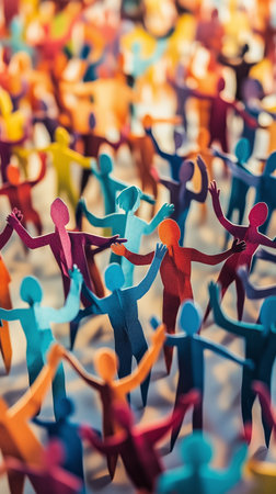 Brightly colored paper cutouts of people fill the wall, showing a range of vibrant hues and joyful poses. This art piece symbolizes unity and community spirit.. Details matter.の素材