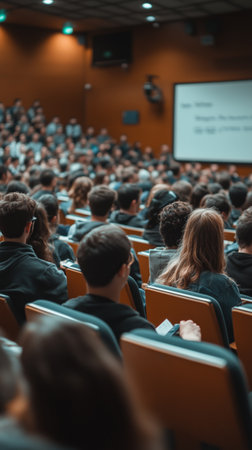 People sit in bright orange seats in a large auditorium, focused on a presentation about the latest trends in technology. The room is filled with engaged listeners.. Details matter.の素材