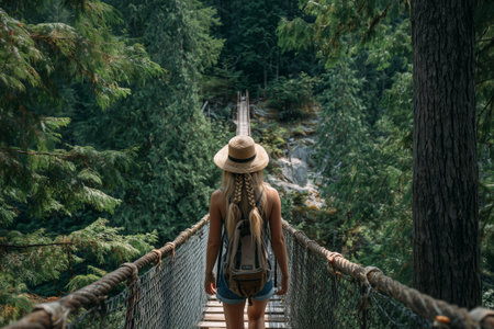 A woman with long braided hair walks on a suspension bridge high above the ground. Lush green trees surround her, creating a tranquil forest setting.の素材