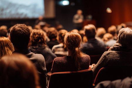 People sit attentively in a conference hall as a speaker presents on stage. Warm lighting creates a cozy atmosphere, fostering interest and connection among attendees.の素材