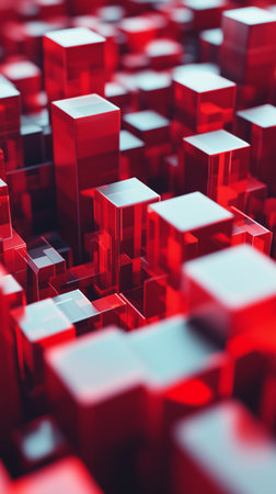 Close-up view of a dense arrangement of bright red translucent blocks forming a geometric pattern. The light reflects off the surfaces, enhancing the visual appeal of the scene.の素材