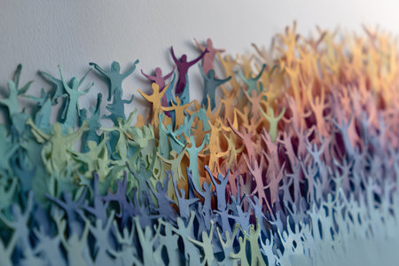 Hundreds of small paper figures in various colors stand closely together, creating a lively scene. This vibrant representation showcases unity in diversity under bright daylight.. Details matter.の素材