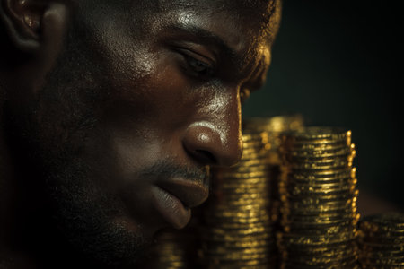 A man with a serious expression gazes intently at stacks of gold coins, deep in thought about wealth and his dreams, illuminated by soft, warm light that enhances the mood.の素材