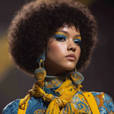 In a vibrant urban scene, a fashion model showcases a striking afro hairstyle. She wears bold sunglasses and a colorful outfit that highlights her confident expression and unique style.. Details matter.の素材