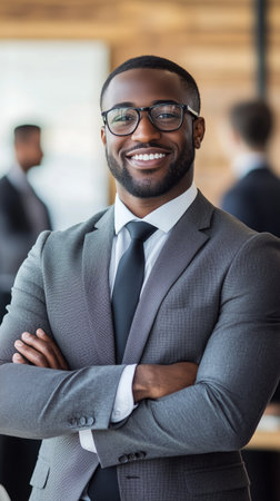 A well-dressed man smiles confidently while standing with arms crossed in a stylish office.の素材