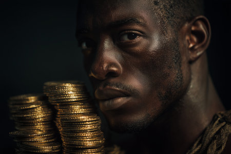 A man with a serious expression gazes intently at stacks of gold coins, deep in thought about wealth and his dreams, illuminated by soft, warm light that enhances the mood.. Details matter.の素材
