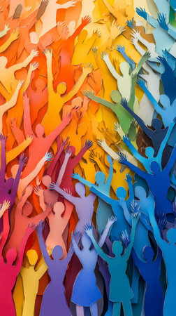 Many colorful hands stretch upwards against a lively backdrop, demonstrating joy and celebration in this creative paper art piece. It captures a sense of unity and enthusiasm.. Details matter.の素材
