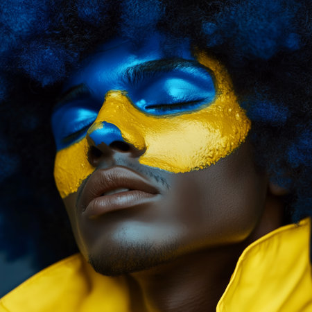 A model with textured hair displays vibrant blue and yellow face paint, capturing a striking artistic look. The colorful design highlights creativity and bold self-expression.の素材