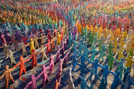Hundreds of small paper figures in various colors stand closely together, creating a lively scene. This vibrant representation showcases unity in diversity under bright daylight.の素材