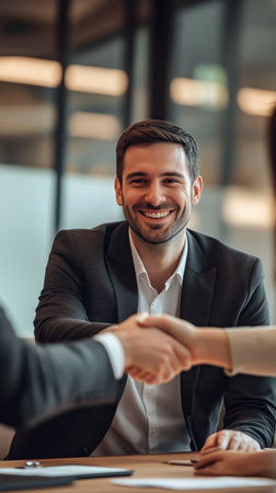 A business professional smiles and shakes hands with a colleague in a sleek, modern office. Natural light fills the room, creating a positive atmosphere for collaboration.の素材