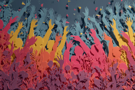 Many colorful hands stretch upwards against a lively backdrop, demonstrating joy and celebration in this creative paper art piece. It captures a sense of unity and enthusiasm.の素材