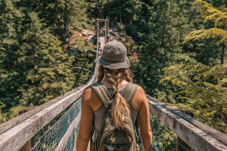 A woman with long hair in a braid walks confidently on a suspension bridge surrounded by tall trees and mountains. It is a bright, clear day, perfect for outdoor exploration.. Details matter.の素材