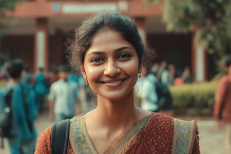 A woman wearing a traditional outfit stands smiling on a university campus. Students walk in the background, creating a lively atmosphere in broad daylight.の素材