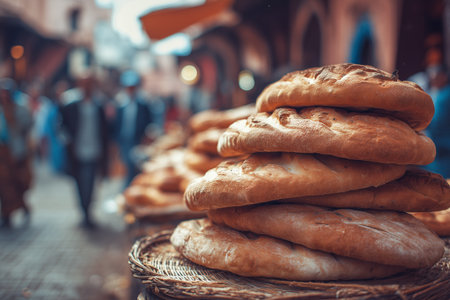 Stacks of golden brown bread are prominent in a lively market street in Morocco. People stroll by, creating a vibrant atmosphere common in local markets during the day.の素材